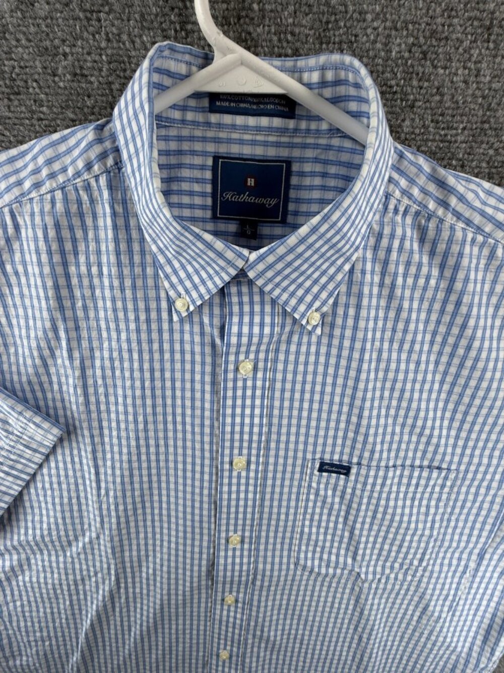 Hathaway Short Sleeve Blue Check Button Up Shirt Men Cotton Large Woven Adult